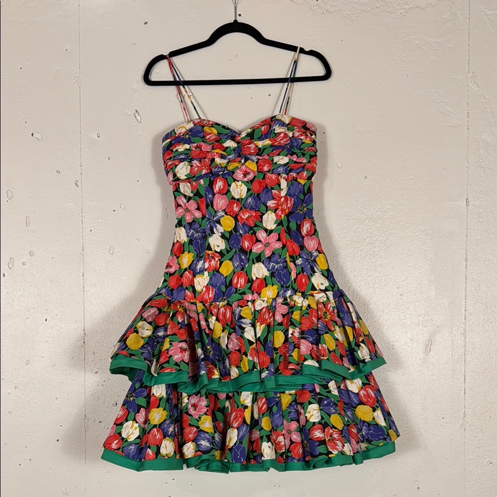 Vintage Victor Costa 80s Floral Tulip Dress Ruffled